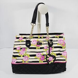 Luv Betsey by Betsey Johnson Black Floral Striped Quilted Tote Purse Heart Charm